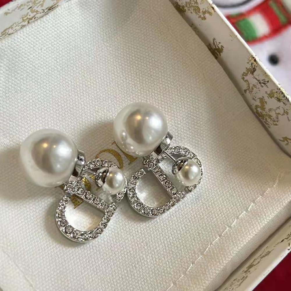 Dior Women Tribales Earrings Silver-Finish Metal with White Resin Pearls and Silver-Tone Crystals