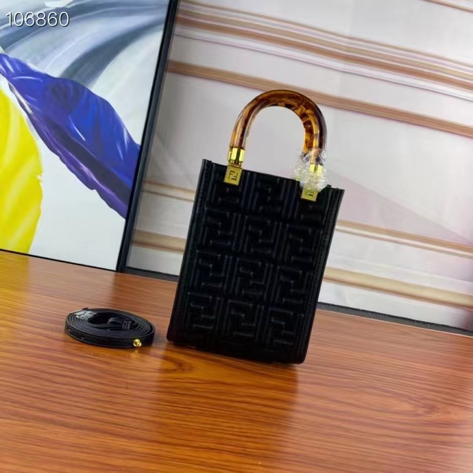 Fendi Women FF Mini Sunshine Shopper Black Leather Mini Bag