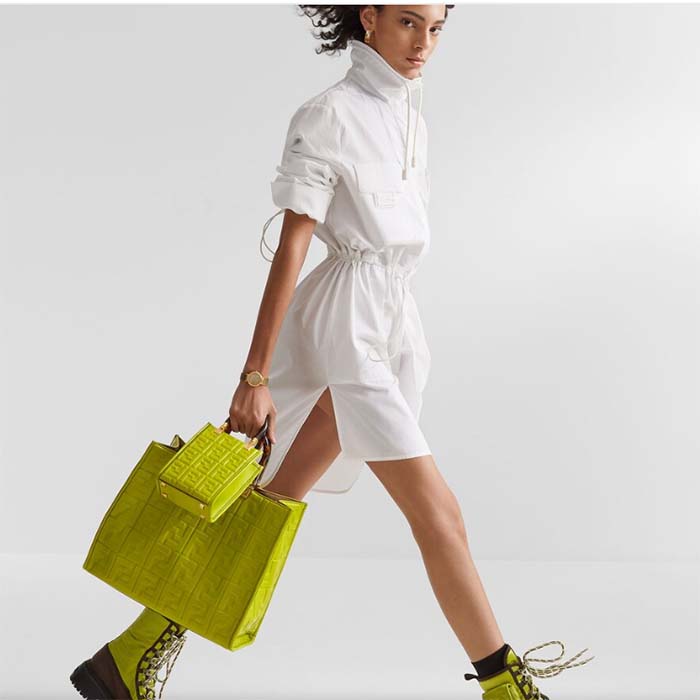 Fendi Women FF Sunshine Medium Acid Green Leather Shopper