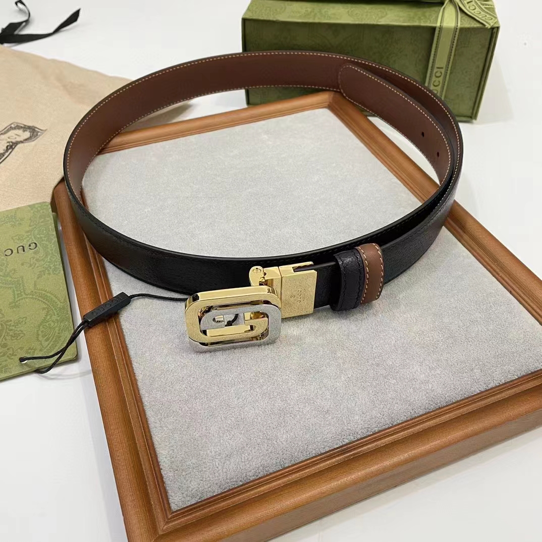Gucci GG Unisex Belt Squared Interlocking G Buckle Black Leather 30 MM Width