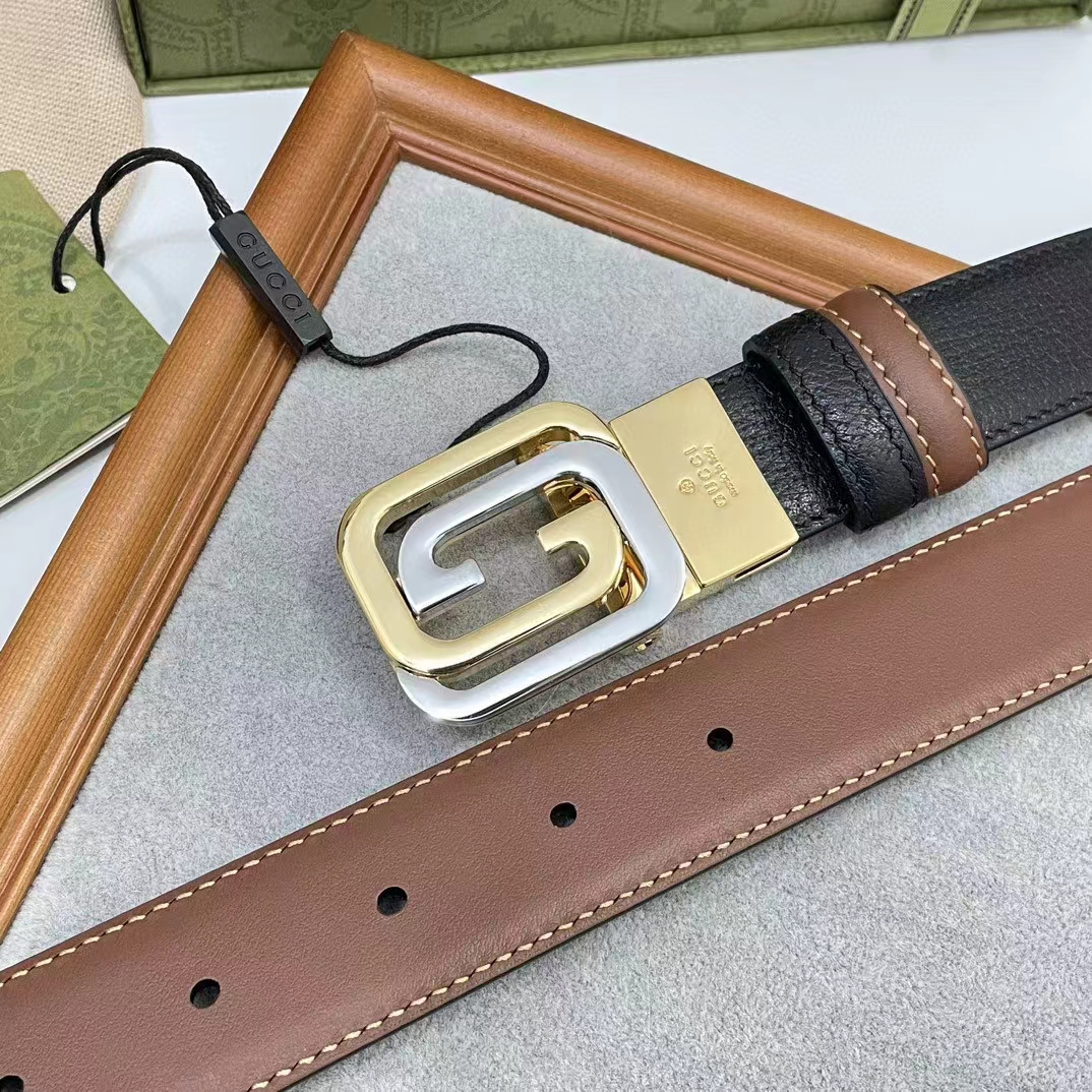 Gucci GG Unisex Belt Squared Interlocking G Buckle Black Leather 30 MM Width