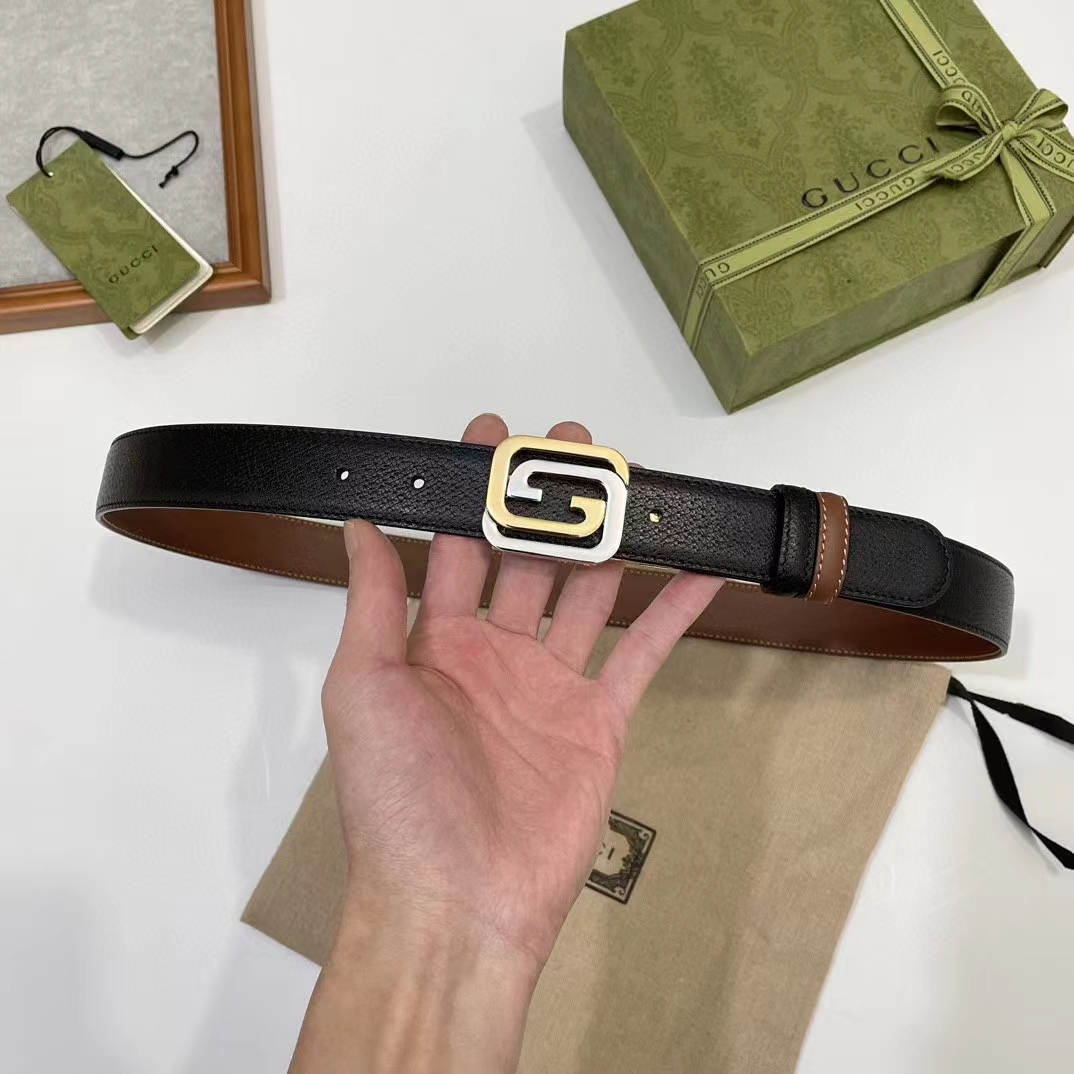 Gucci GG Unisex Belt Squared Interlocking G Buckle Black Leather 30 MM Width