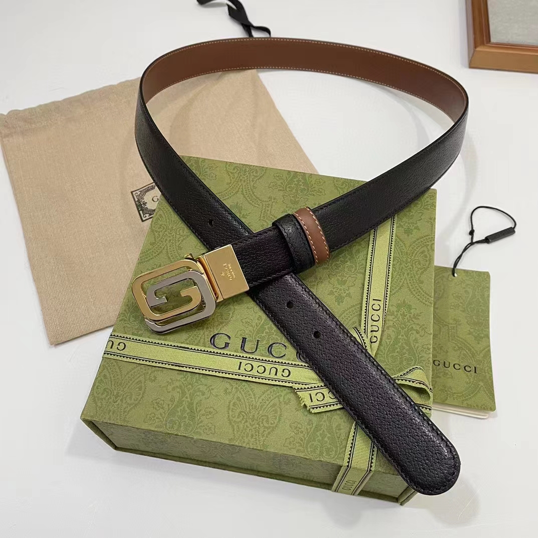 Gucci GG Unisex Belt Squared Interlocking G Buckle Black Leather 30 MM Width
