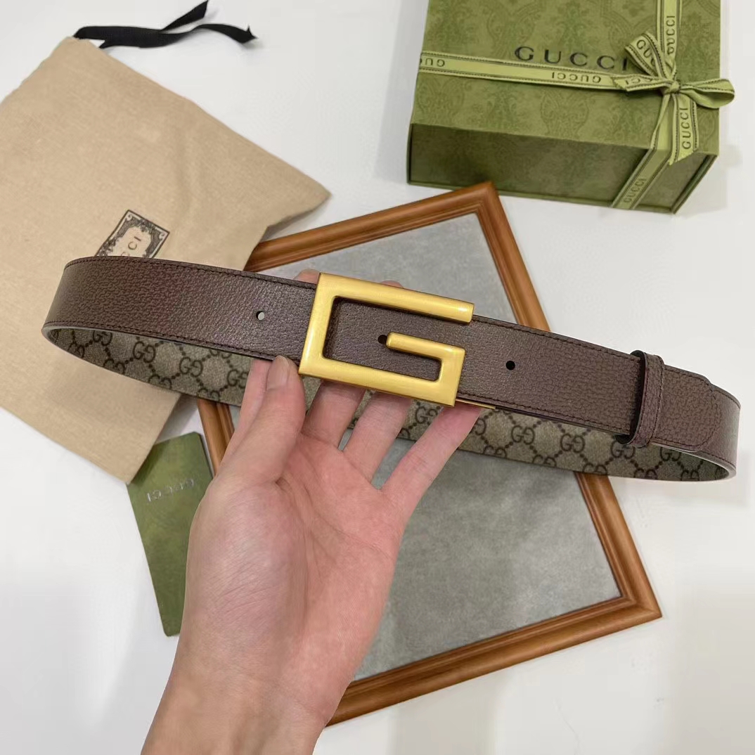 Gucci GG Unisex Reversible Belt Square G Buckle Beige Ebony GG Supreme Canvas