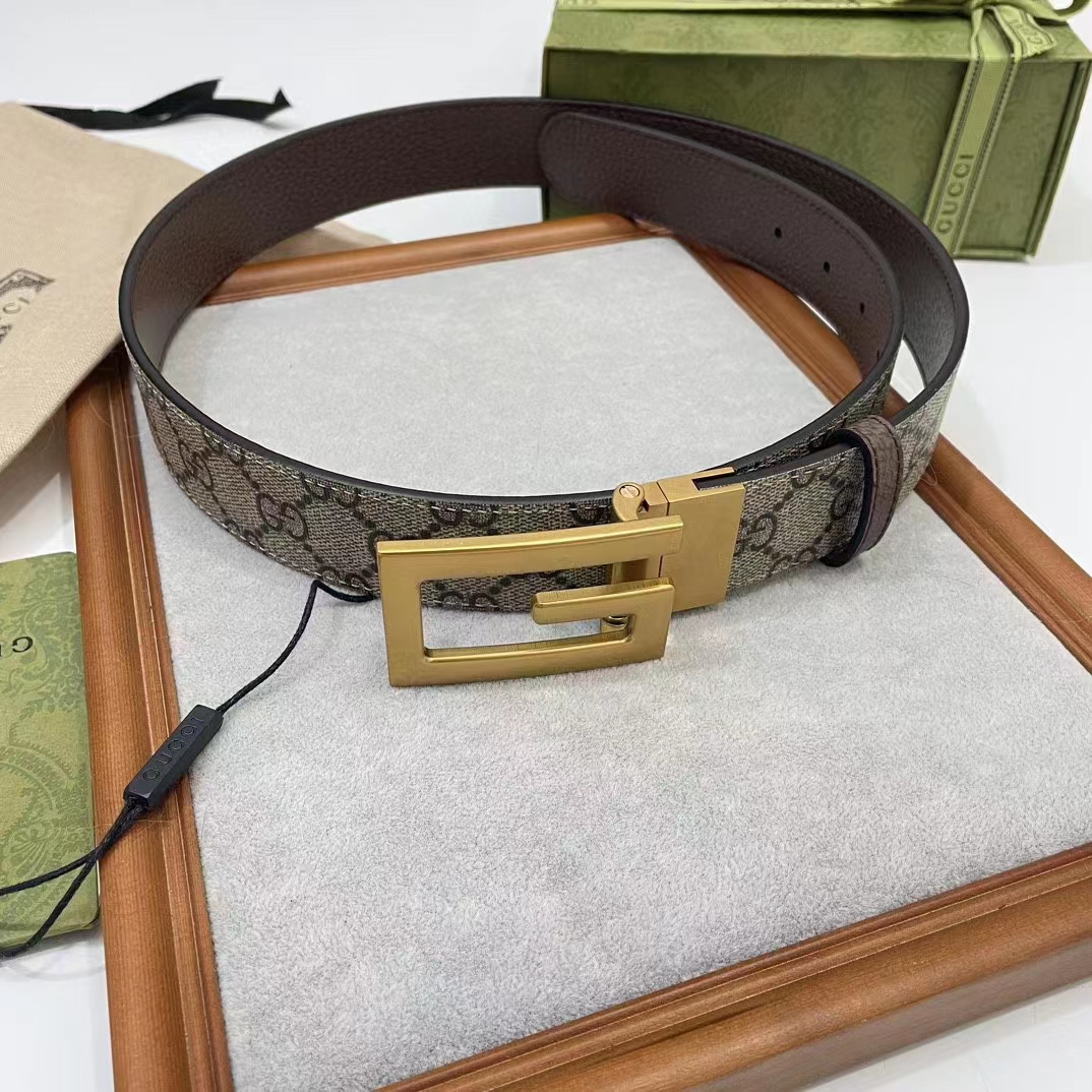 Gucci GG Unisex Reversible Belt Square G Buckle Beige Ebony GG Supreme Canvas