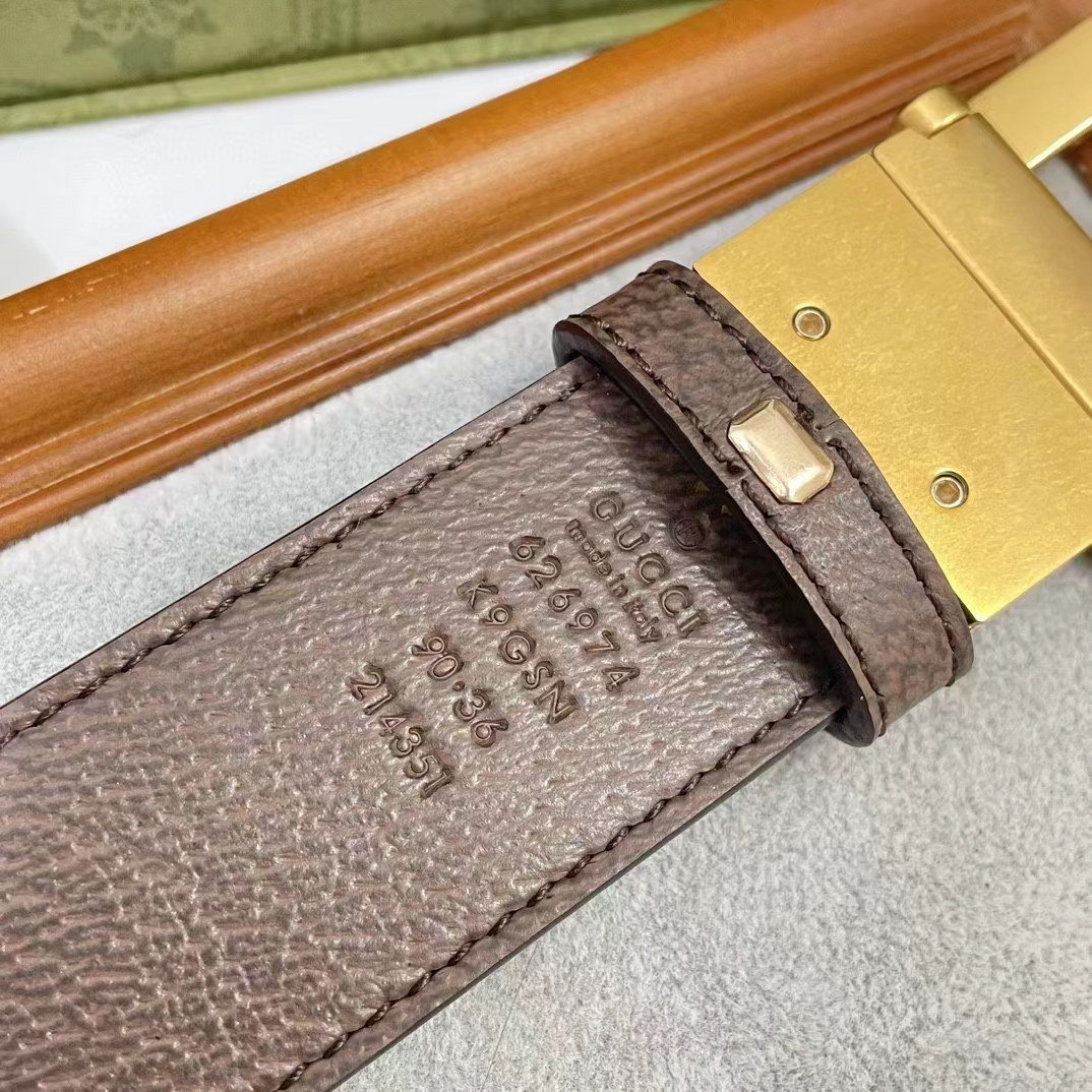 Gucci GG Unisex Reversible Belt Square G Buckle Beige Ebony GG Supreme Canvas