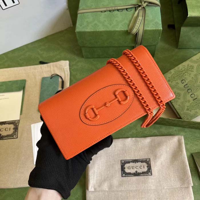 Gucci GG Women Horsebit 1955 Wallet Chain Orange Leather Orange Brass Hardware