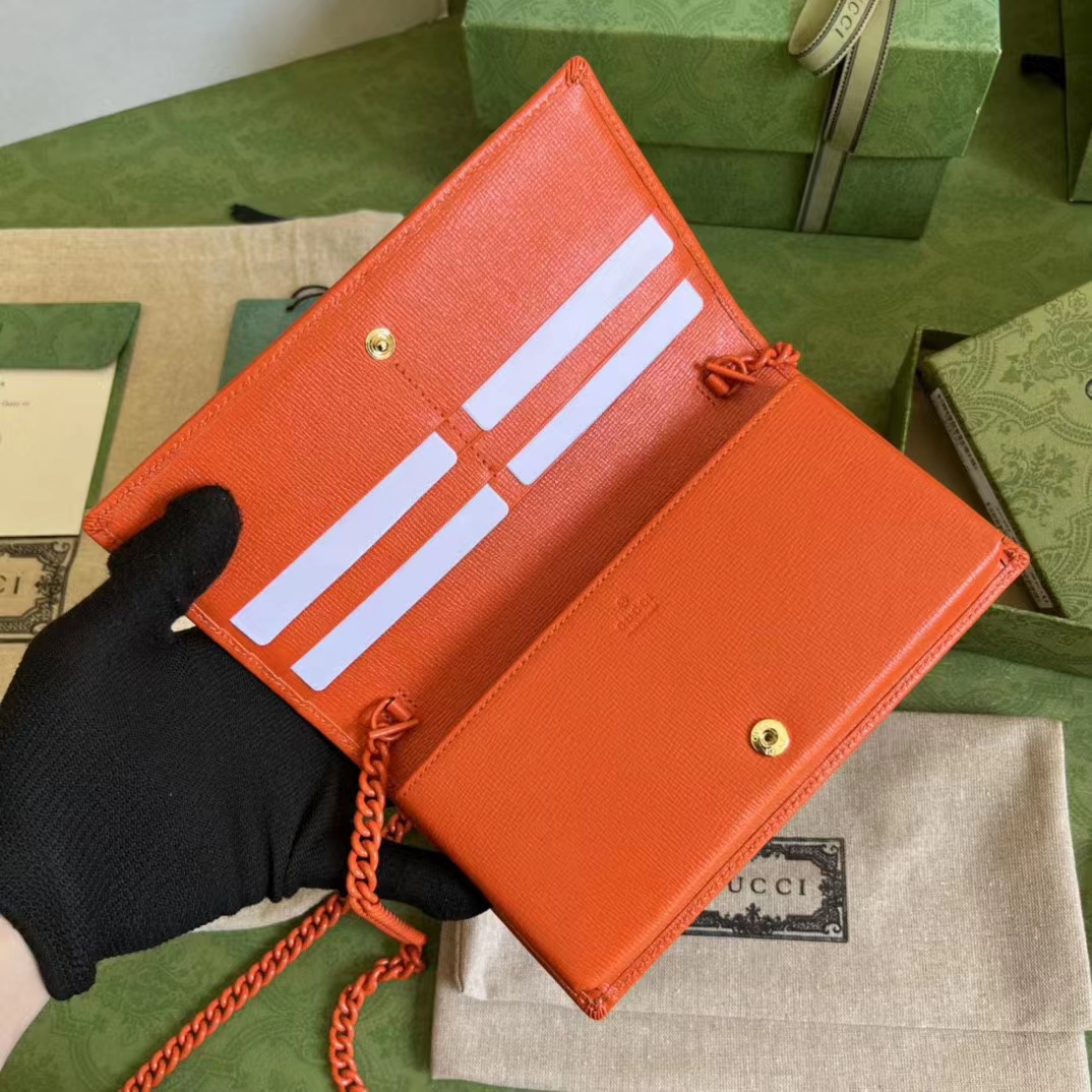 Gucci GG Women Horsebit 1955 Wallet Chain Orange Leather Orange Brass Hardware