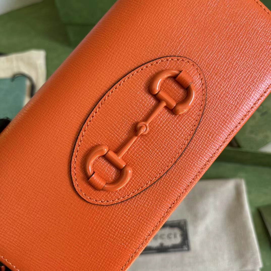 Gucci GG Women Horsebit 1955 Wallet Chain Orange Leather Orange Brass Hardware