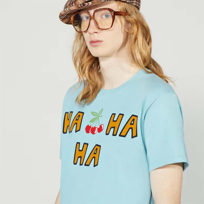 Gucci Men GG HA HA HA Cherry T-Shirt Light Blue Medium Cotton Jersey Crewneck