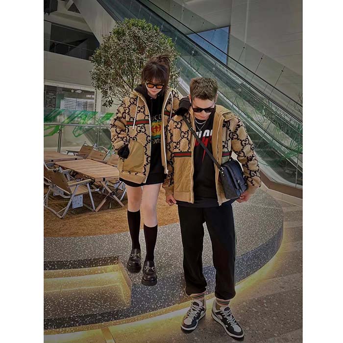 Gucci Men Maxi GG Wool Jersey Jacket Beige Black Polyamide Polyester