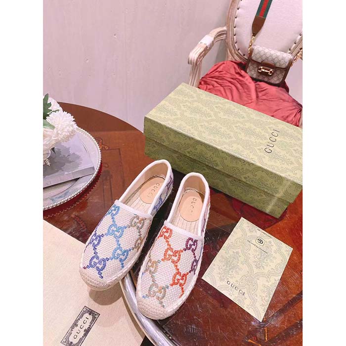 Gucci Unisex GG Espadrille Multicolor GG Linen Canvas Cord Platform Rubber Bottom