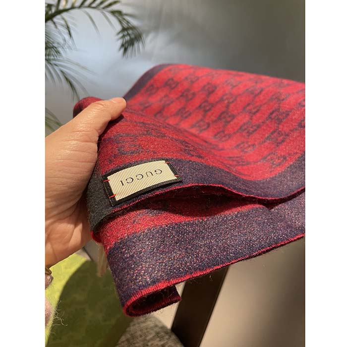 Gucci Unisex GG Jacquard Cotton Stole Red Blue Fringe