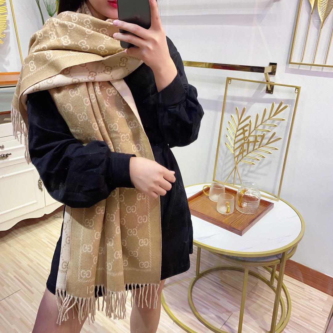 Gucci Unisex GG Jacquard Knitted Scarf Light Brown Fringe Edges