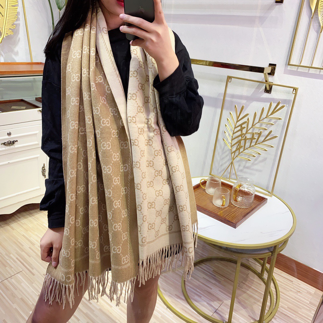 Gucci Unisex GG Jacquard Knitted Scarf Light Brown Fringe Edges