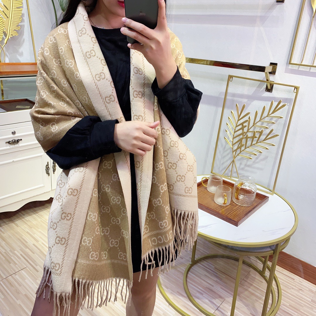 Gucci Unisex GG Jacquard Knitted Scarf Light Brown Fringe Edges
