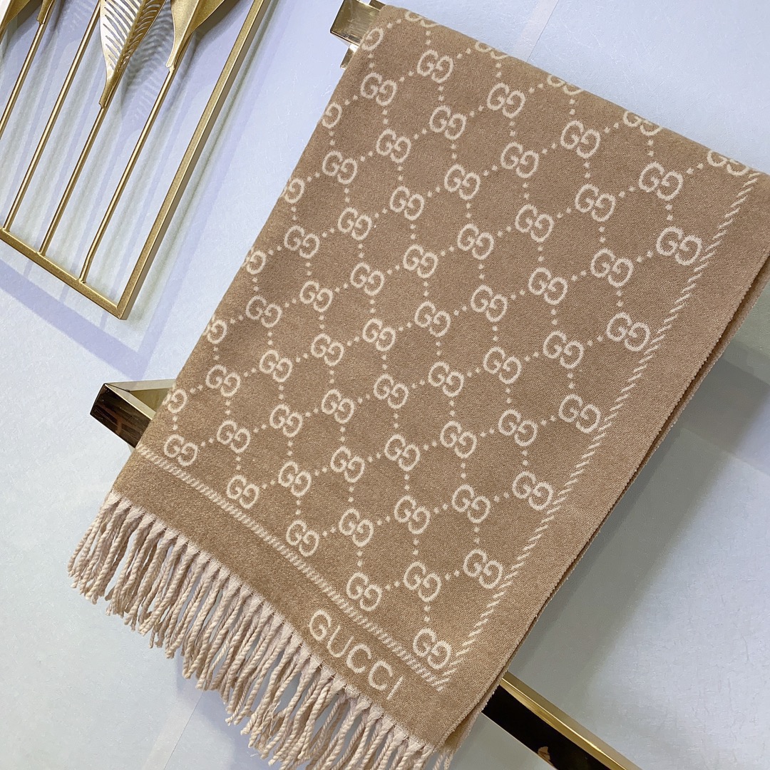 Gucci Unisex GG Jacquard Knitted Scarf Light Brown Fringe Edges