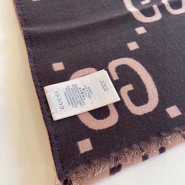 Gucci Unisex GG Jacquard Wool Silk Scarf Brown Beige GG Jacquard Wool Silk