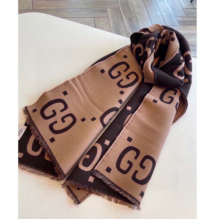 Gucci Unisex GG Jacquard Wool Silk Scarf Brown Beige GG Jacquard Wool Silk