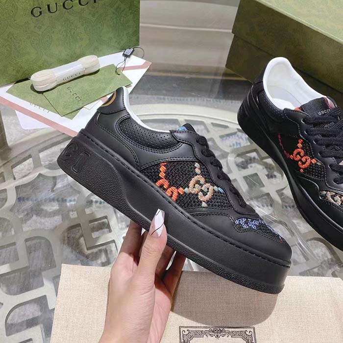 Gucci Unisex GG Sneaker Black Leather Multicolor GG Fabric Mid Heel 5.6 Cm Heel