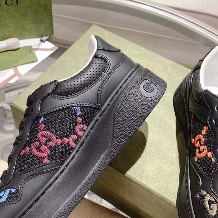 Gucci Unisex GG Sneaker Black Leather Multicolor GG Fabric Mid Heel 5.6 Cm Heel