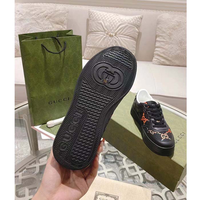Gucci Unisex GG Sneaker Black Leather Multicolor GG Fabric Mid Heel 5.6 Cm Heel