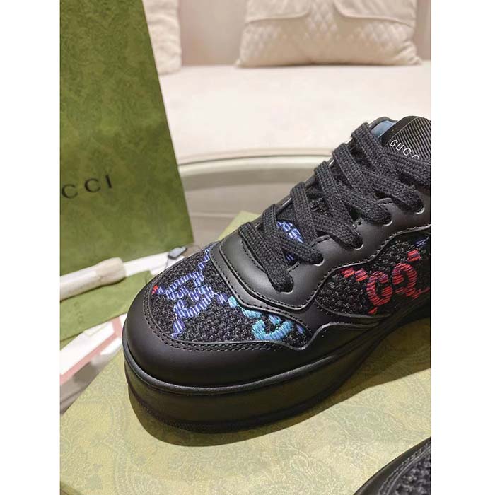 Gucci Unisex GG Sneaker Black Leather Multicolor GG Fabric Mid Heel 5.6 Cm Heel