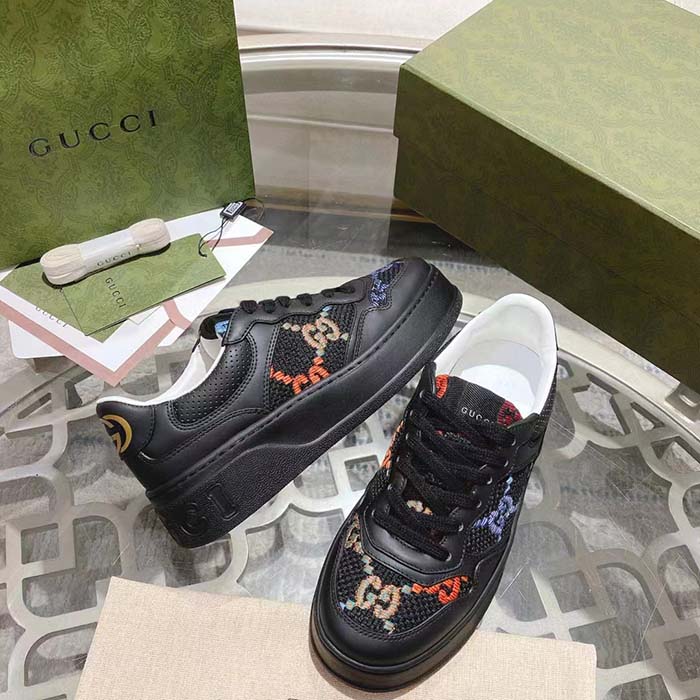 Gucci Unisex GG Sneaker Black Leather Multicolor GG Fabric Mid Heel 5.6 Cm Heel