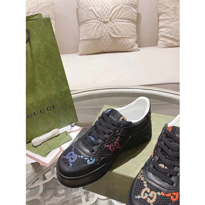 Gucci Unisex GG Sneaker Black Leather Multicolor GG Fabric Mid Heel 5.6 Cm Heel