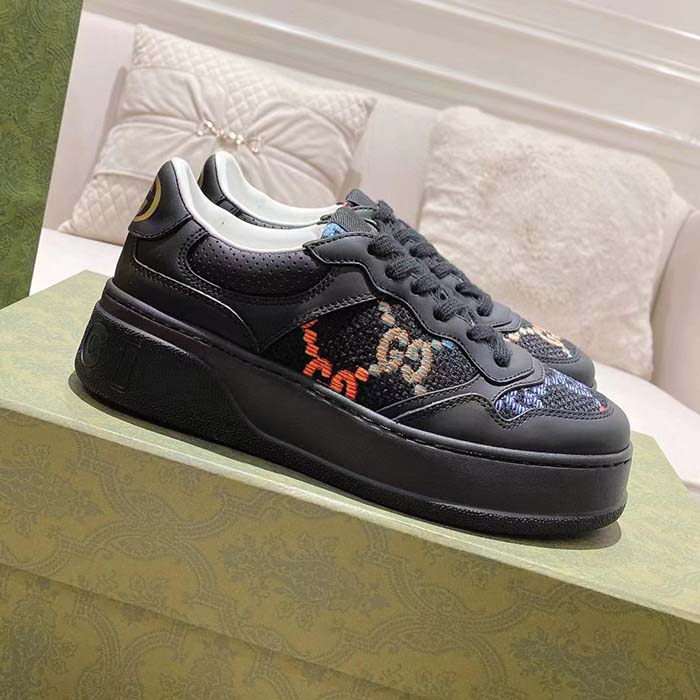 Gucci Unisex GG Sneaker Black Leather Multicolor GG Fabric Mid Heel 5.6 Cm Heel