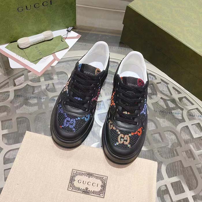 Gucci Unisex GG Sneaker Black Leather Multicolor GG Fabric Mid Heel 5.6 Cm Heel