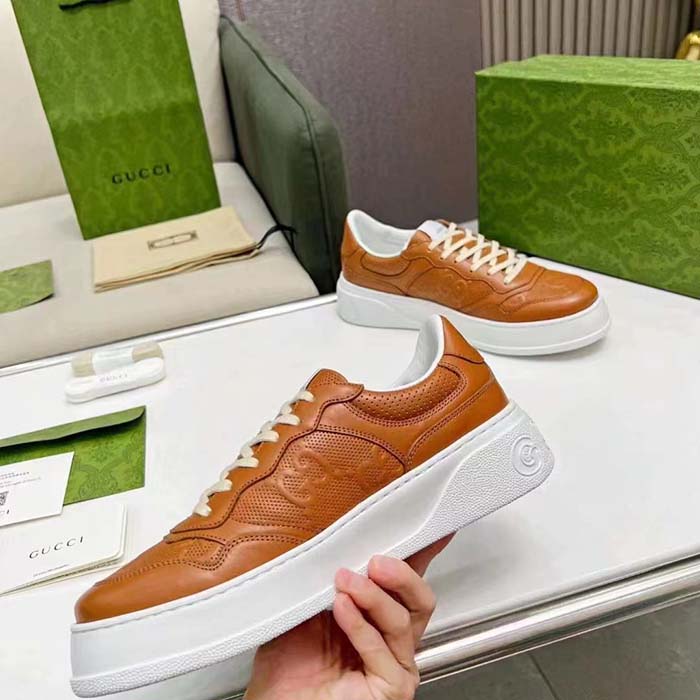 Gucci Unisex GG Sneaker Interlocking G Brown Perforated Leather Rubber Mid 5.6 Cm Heel