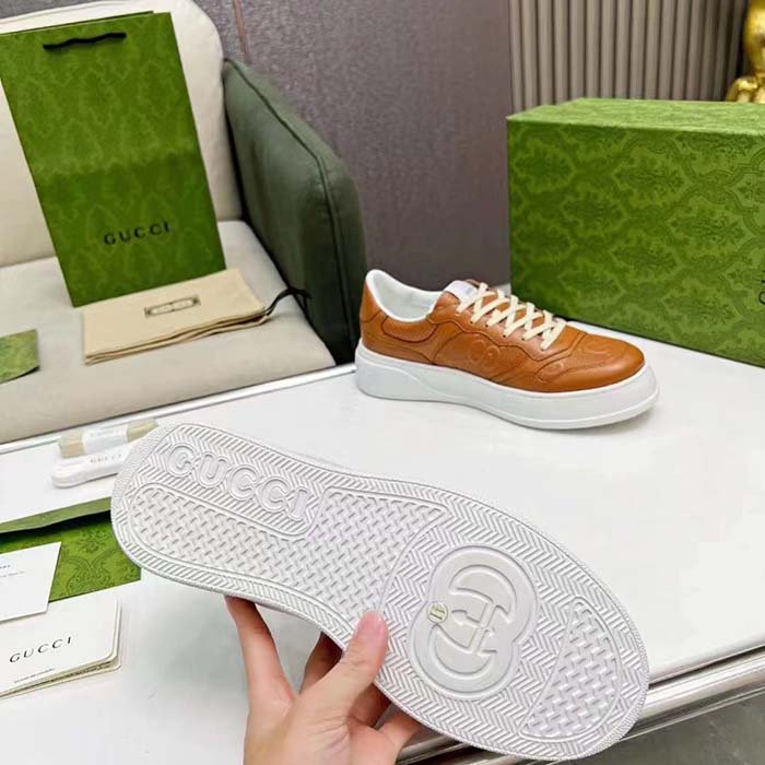 Gucci Unisex GG Sneaker Interlocking G Brown Perforated Leather Rubber Mid 5.6 Cm Heel