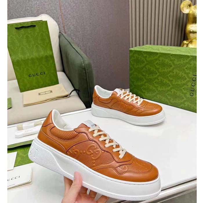 Gucci Unisex GG Sneaker Interlocking G Brown Perforated Leather Rubber Mid 5.6 Cm Heel