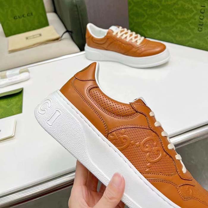 Gucci Unisex GG Sneaker Interlocking G Brown Perforated Leather Rubber Mid 5.6 Cm Heel