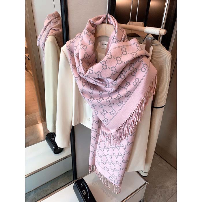Gucci Unisex GG Wool Scarf Beige Mini GG Lilac Tassel Detail