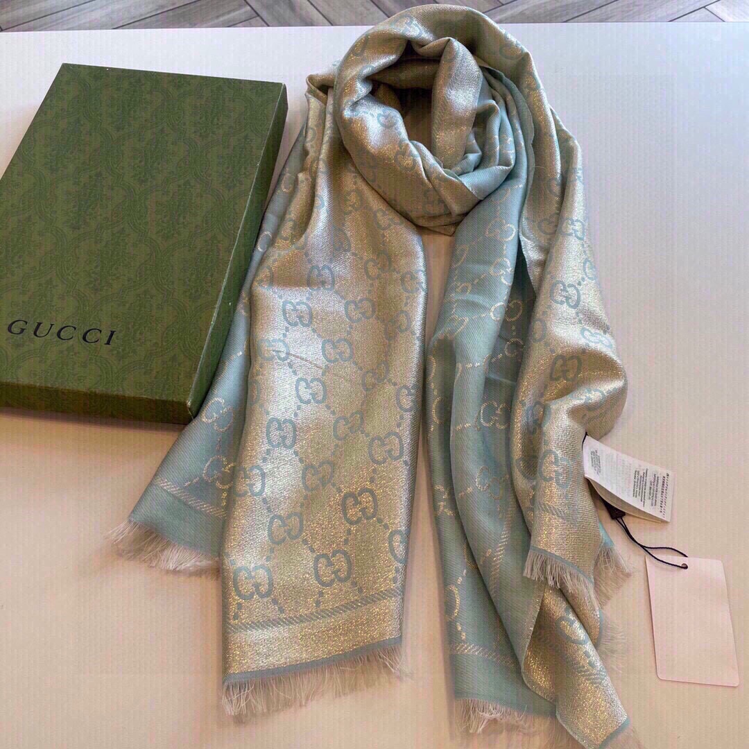 Gucci Unisex GG Wool Scarf Beige Mini GG Wool Turquoise Tassel Detail