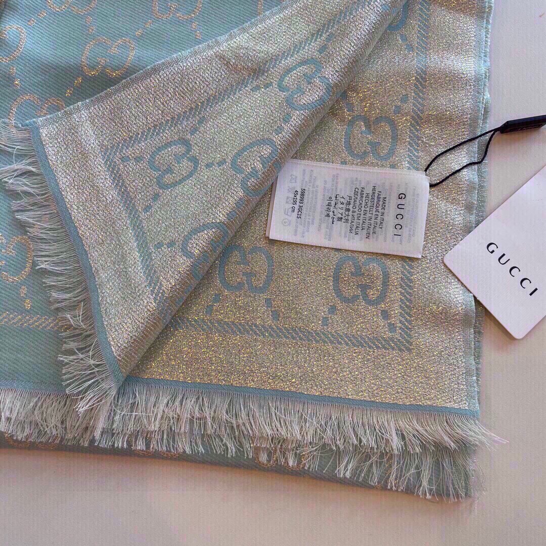 Gucci Unisex GG Wool Scarf Beige Mini GG Wool Turquoise Tassel Detail