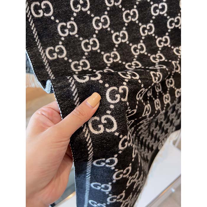 Gucci Unisex GG Wool Scarf Ivory Mini GG Black Tassel Detail