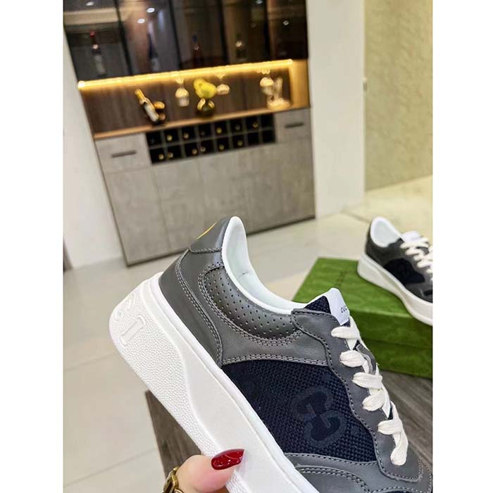 Gucci Unisex Lace-Up Sneaker Grey Leather Blue Black GG Canvas Mid 5.6 Cm Heel