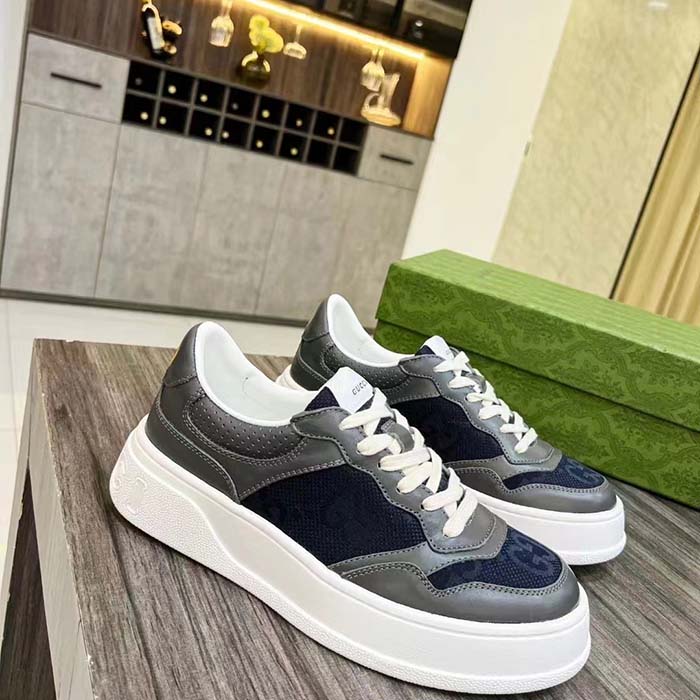Gucci Unisex Lace-Up Sneaker Grey Leather Blue Black GG Canvas Mid 5.6 Cm Heel