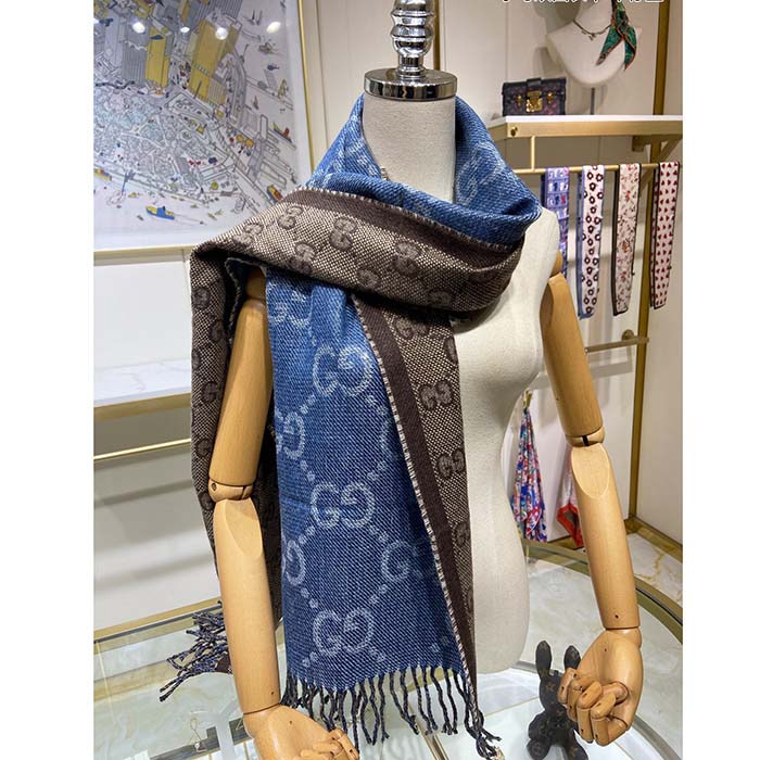 Gucci Unisex Original GG Jacquard Knit Scarf Tassels Navy Light Brown Organic Wool