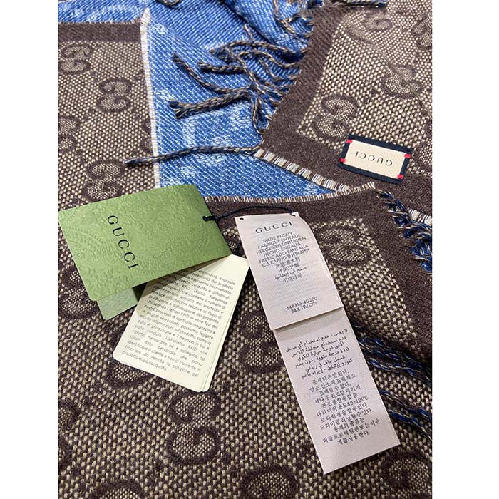 Gucci Unisex Original GG Jacquard Knit Scarf Tassels Navy Light Brown Organic Wool