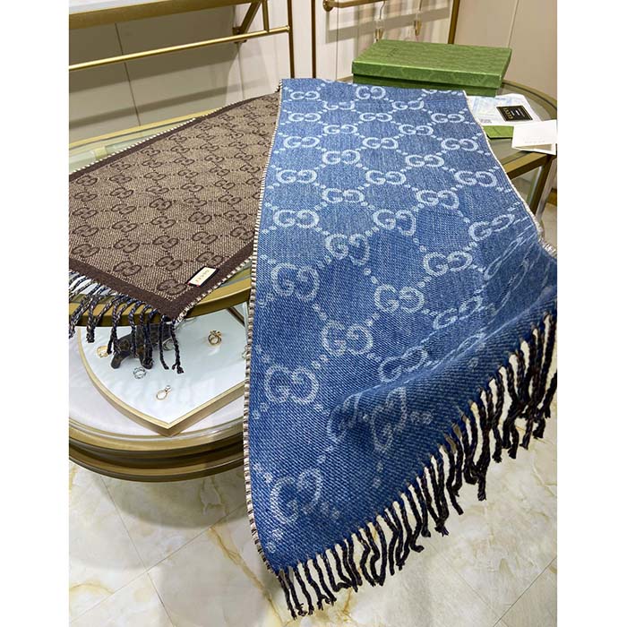 Gucci Unisex Original GG Jacquard Knit Scarf Tassels Navy Light Brown Organic Wool