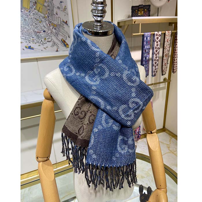 Gucci Unisex Original GG Jacquard Knit Scarf Tassels Navy Light Brown Organic Wool