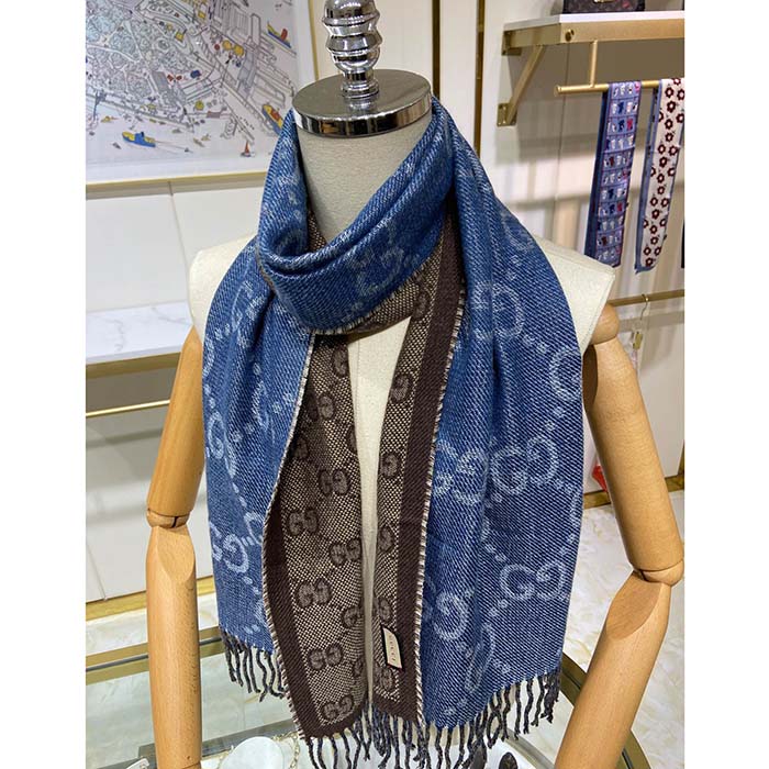 Gucci Unisex Original GG Jacquard Knit Scarf Tassels Navy Light Brown Organic Wool