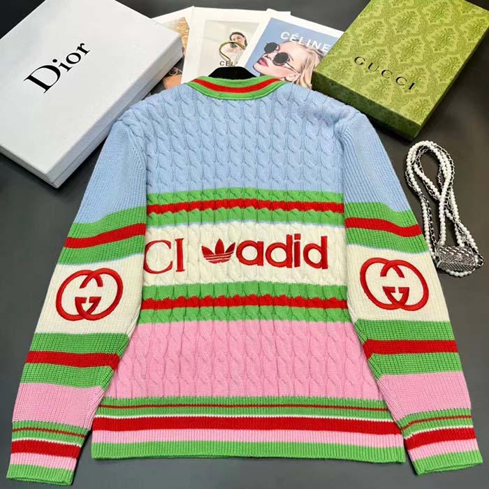Gucci Men GG Adidas x Gucci Wool Cardigan Pink Blue Cable Stitch V-Neck