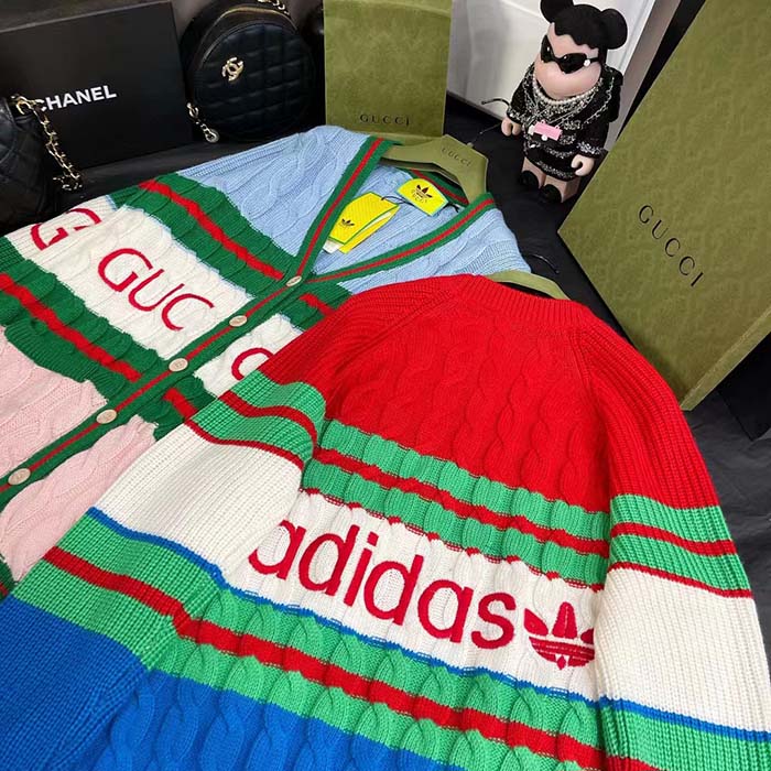 Gucci Women GG Adidas x Gucci Wool Sweater Blue Orange Cable Stitch Crewneck