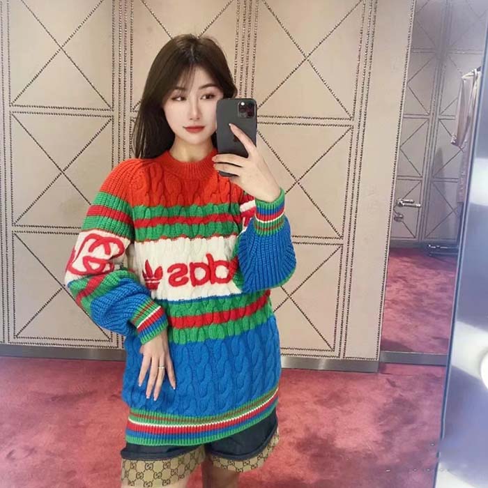 Gucci Women GG Adidas x Gucci Wool Sweater Blue Orange Cable Stitch Crewneck