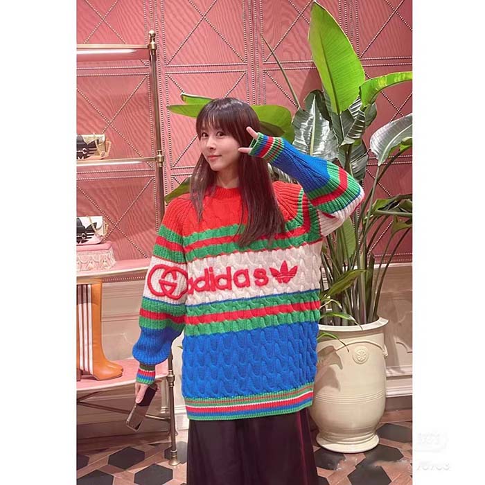 Gucci Women GG Adidas x Gucci Wool Sweater Blue Orange Cable Stitch Crewneck